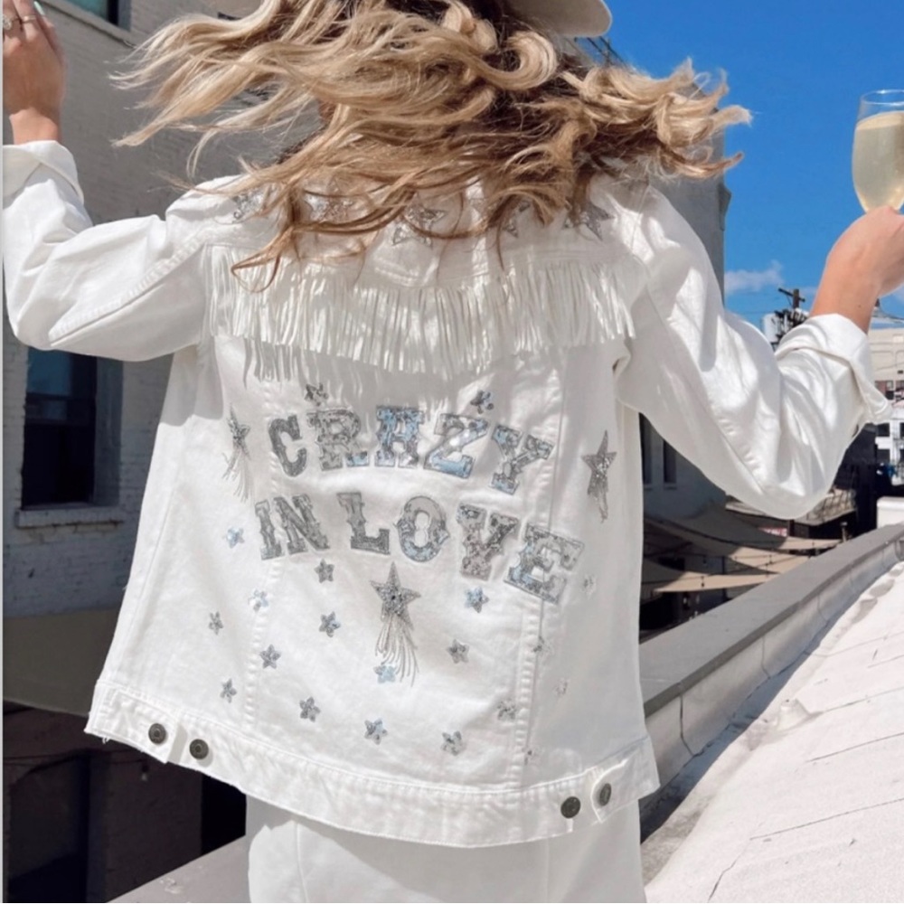 Show Me Your Mumu Dover Denim Jacket ~ Love Embellished White Wash